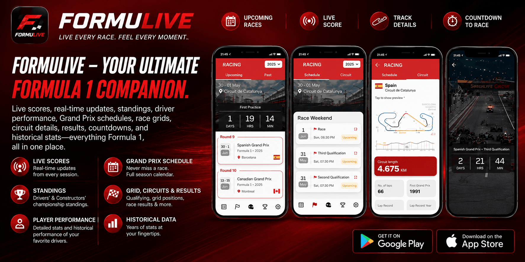 FormuLive mobile app screens showing upcoming races, race weekend schedule, circuit details and race countdown
