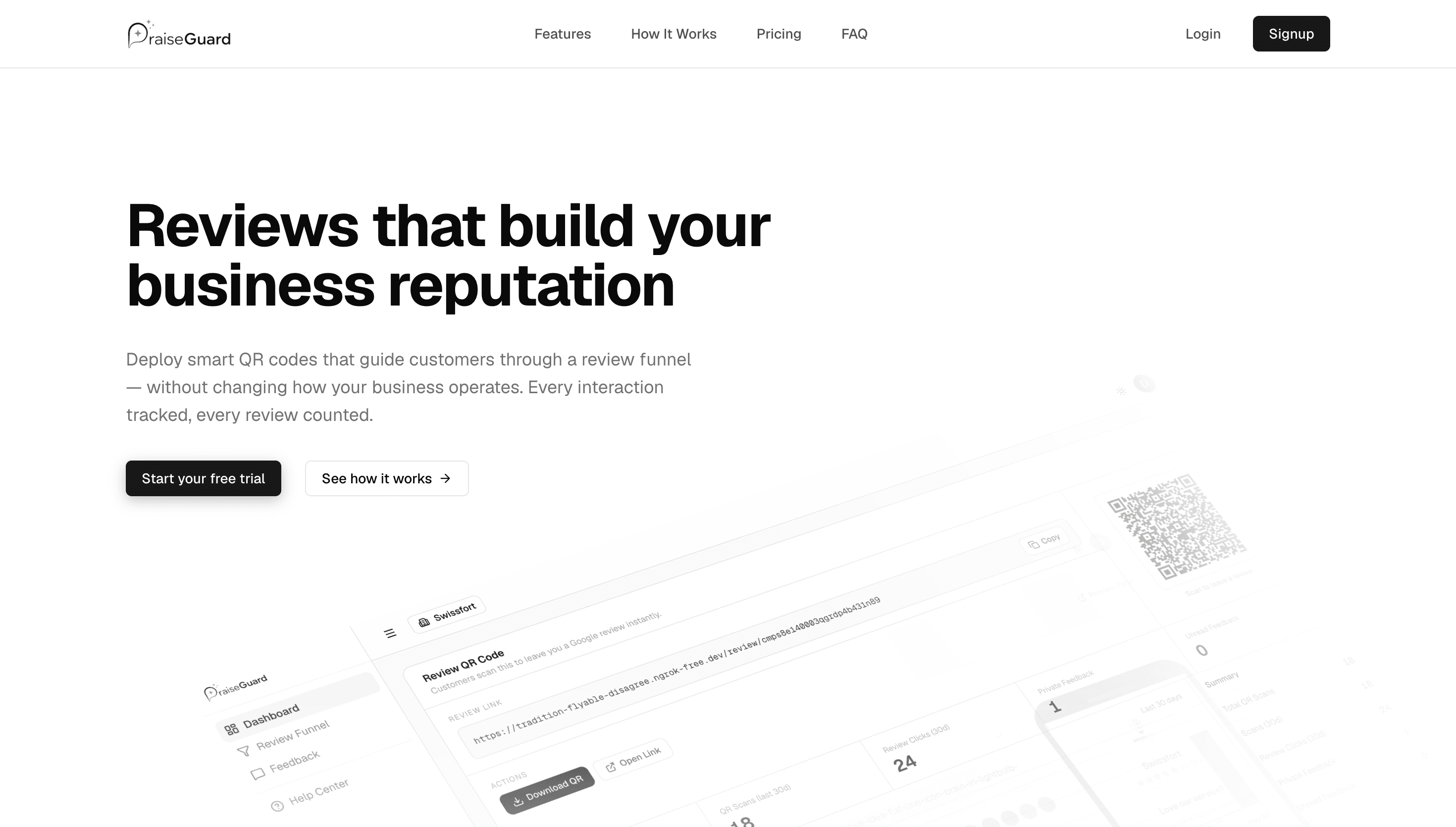 PraiseGuard homepage with the headline "Reviews that build your business reputation" and a preview of the review QR code dashboard